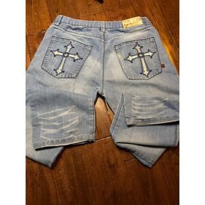 Red Big Mens 36x34 Embroidered Cross Light Wash Straight Leg Jeans Y2K Style
